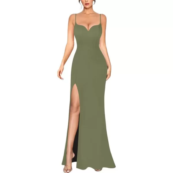 VFSHOW Womens Sexy Summer Bodycon Fitted Club Party Casual Slip Long Cami Maxi Dress Spaghetti Strap High Slit Plain DressArmy Green