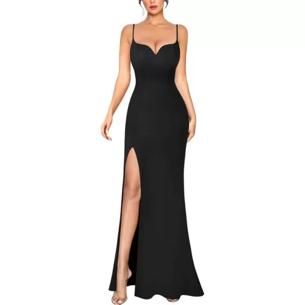 VFSHOW Womens Sexy Summer Bodycon Fitted Club Party Casual Slip Long Cami Maxi Dress Spaghetti Strap High Slit Plain DressBlack