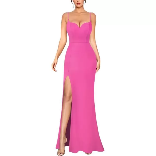 VFSHOW Womens Sexy Summer Bodycon Fitted Club Party Casual Slip Long Cami Maxi Dress Spaghetti Strap High Slit Plain DressBright Pink