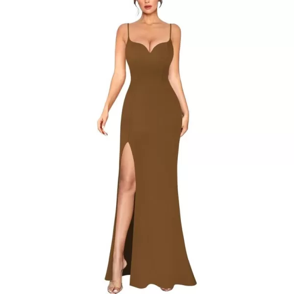 VFSHOW Womens Sexy Summer Bodycon Fitted Club Party Casual Slip Long Cami Maxi Dress Spaghetti Strap High Slit Plain DressBrown