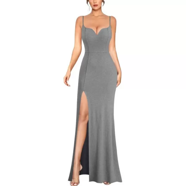 VFSHOW Womens Sexy Summer Bodycon Fitted Club Party Casual Slip Long Cami Maxi Dress Spaghetti Strap High Slit Plain DressGrey