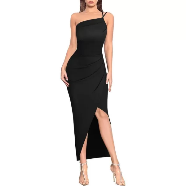 VFSHOW Womens Sexy Summer Ruched Club Party Fitted One Shoulder Bodycon Dress Casual Beach Slit Vacation Plain DressBlack