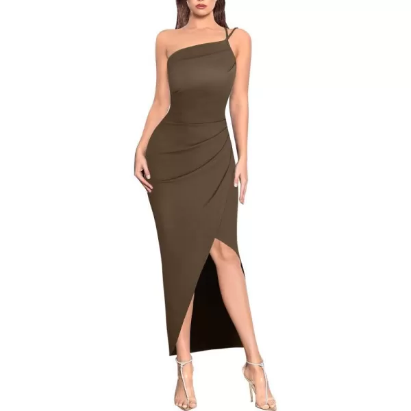 VFSHOW Womens Sexy Summer Ruched Club Party Fitted One Shoulder Bodycon Dress Casual Beach Slit Vacation Plain DressBrown