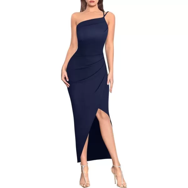 VFSHOW Womens Sexy Summer Ruched Club Party Fitted One Shoulder Bodycon Dress Casual Beach Slit Vacation Plain DressDark Blue