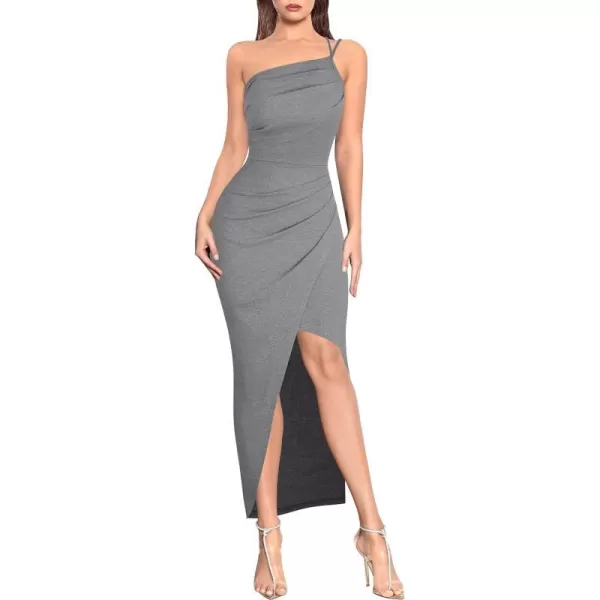 VFSHOW Womens Sexy Summer Ruched Club Party Fitted One Shoulder Bodycon Dress Casual Beach Slit Vacation Plain DressGrey