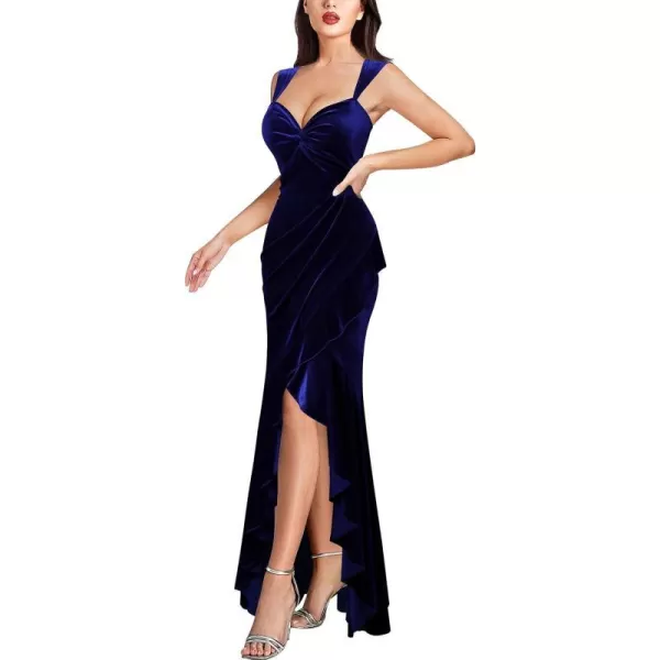 VFSHOW Womens Sexy Sweetheart Neckline Backless Ruched Prom Formal Maxi Dress Twist Front Ruffle Split 2023 Evening Long GownDark Blue Velvet