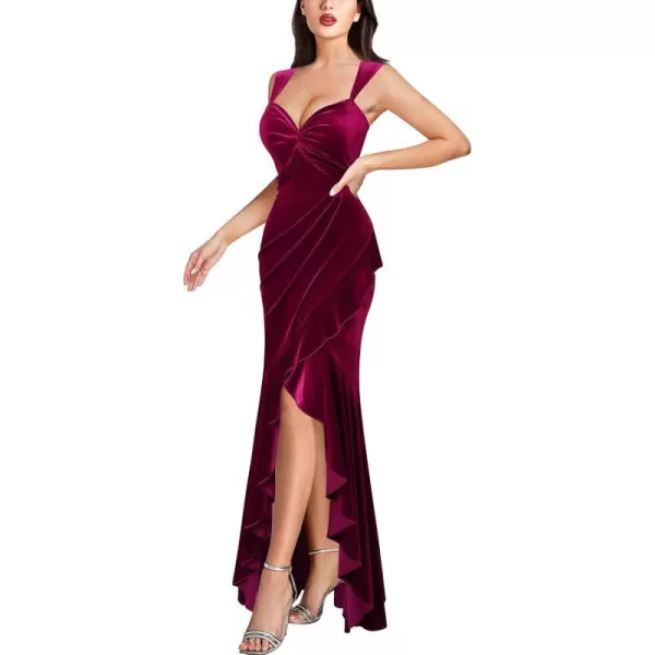 VFSHOW Womens Sexy Sweetheart Neckline Backless Ruched Prom Formal Maxi Dress Twist Front Ruffle Split 2023 Evening Long GownFuchsia Velvet