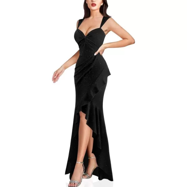 VFSHOW Womens Sexy Sweetheart Neckline Backless Ruched Prom Formal Maxi Dress Twist Front Ruffle Split 2023 Evening Long GownSparkly Black