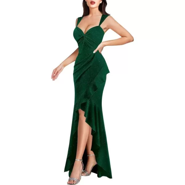 VFSHOW Womens Sexy Sweetheart Neckline Backless Ruched Prom Formal Maxi Dress Twist Front Ruffle Split 2023 Evening Long GownSparkly Dark Green