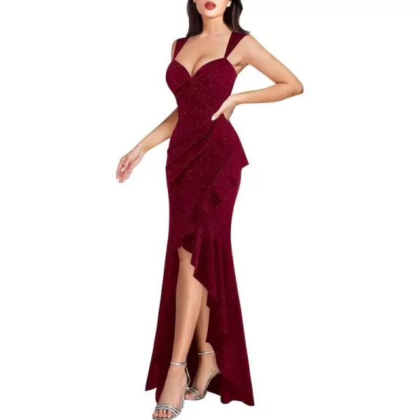 VFSHOW Womens Sexy Sweetheart Neckline Backless Ruched Prom Formal Maxi Dress Twist Front Ruffle Split 2023 Evening Long GownSparkly Dark Red