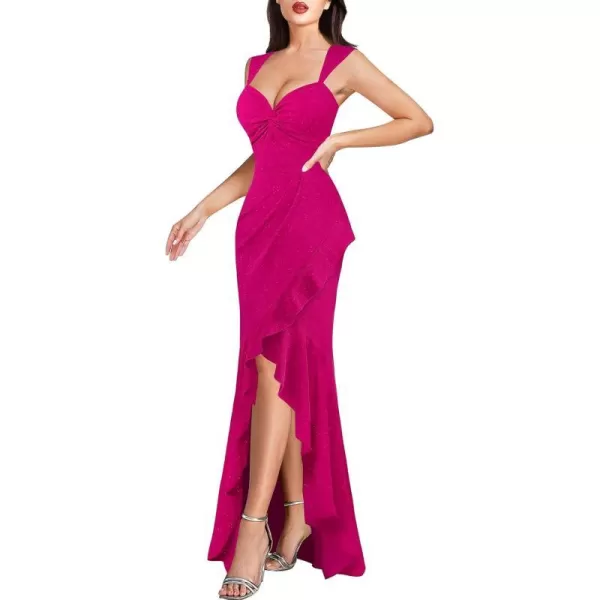 VFSHOW Womens Sexy Sweetheart Neckline Backless Ruched Prom Formal Maxi Dress Twist Front Ruffle Split 2023 Evening Long GownSparkly Hot Pink