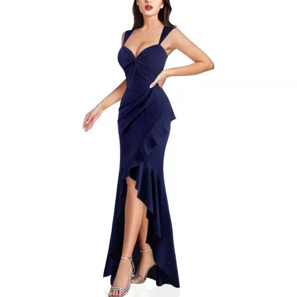 VFSHOW Womens Sexy Sweetheart Neckline Backless Ruched Prom Formal Maxi Dress Twist Front Ruffle Split 2023 Evening Long GownSparkly Navy Blue