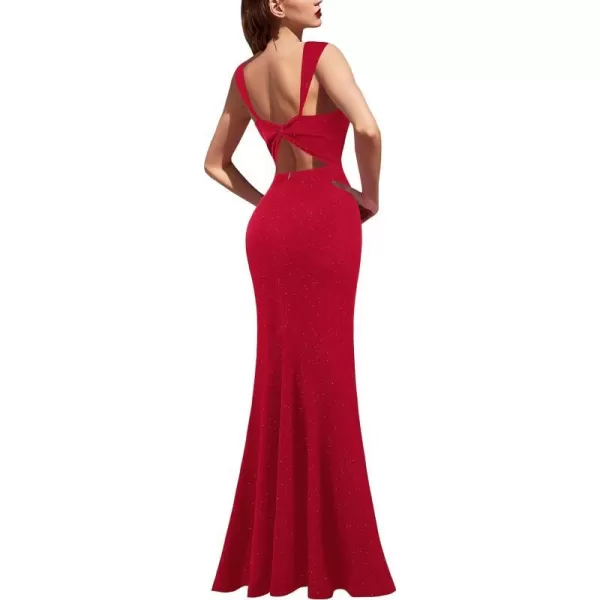 VFSHOW Womens Sexy Sweetheart Neckline Backless Ruched Prom Formal Maxi Dress Twist Front Ruffle Split 2023 Evening Long GownSparkly Red