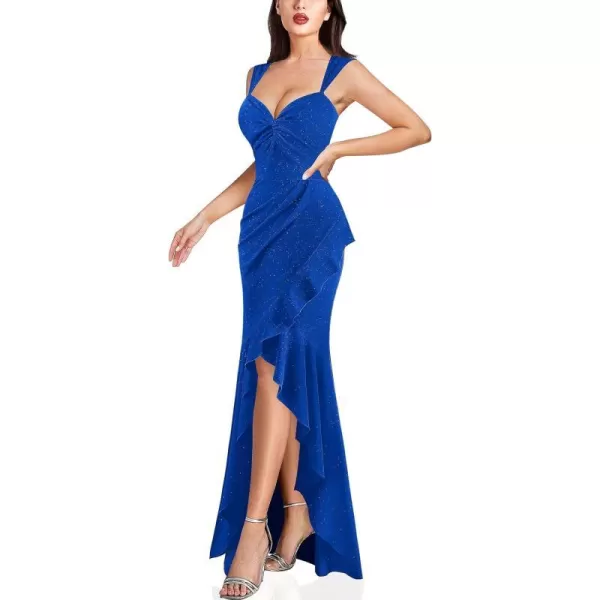 VFSHOW Womens Sexy Sweetheart Neckline Backless Ruched Prom Formal Maxi Dress Twist Front Ruffle Split 2023 Evening Long GownSparkly Royal Blue