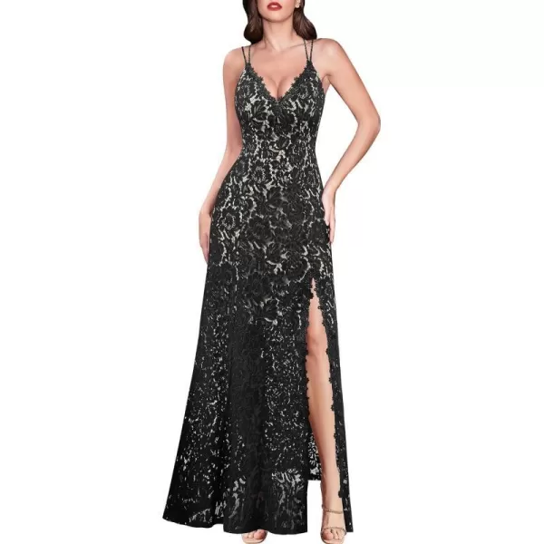 VFSHOW Womens Sexy V Neck Floral Lace Formal Prom High Slit Maxi Dress 2023 Spaghetti Strap Wedding Guest Evening Long GownBlack