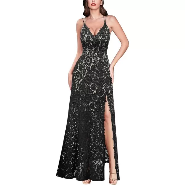 VFSHOW Womens Sexy V Neck Floral Lace Formal Prom High Slit Maxi Dress 2023 Spaghetti Strap Wedding Guest Evening Long GownBlack Lace