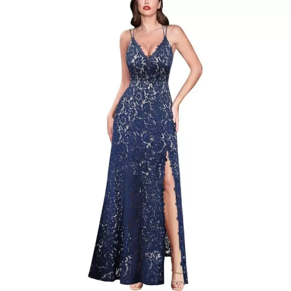 VFSHOW Womens Sexy V Neck Floral Lace Formal Prom High Slit Maxi Dress 2023 Spaghetti Strap Wedding Guest Evening Long GownBlue Lace