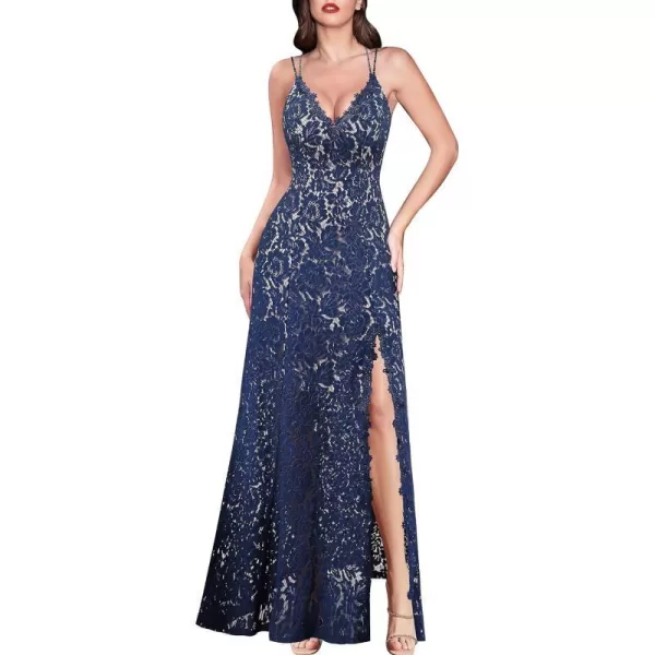 VFSHOW Womens Sexy V Neck Floral Lace Formal Prom High Slit Maxi Dress 2023 Spaghetti Strap Wedding Guest Evening Long GownDark Blue