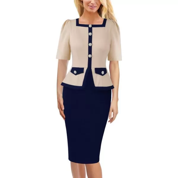 VFSHOW Womens Square Neck Buttons Peplum Work Business Bodycon Pencil DressBeige and Navy Blue