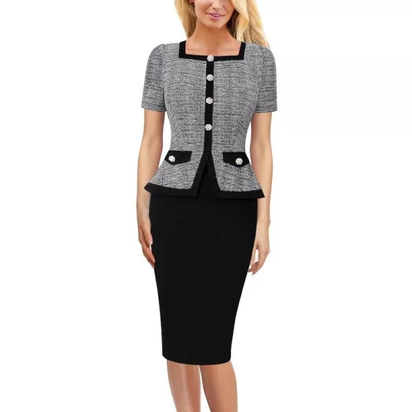 VFSHOW Womens Square Neck Buttons Peplum Work Business Bodycon Pencil DressBlack Tweed  Black2