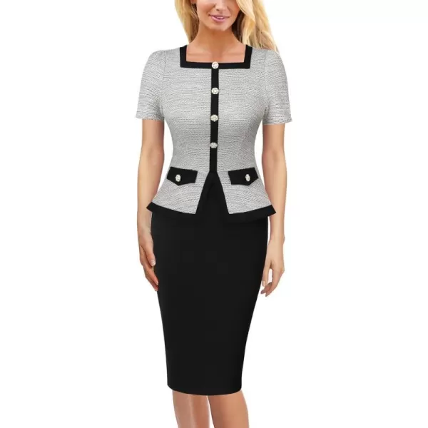 VFSHOW Womens Square Neck Buttons Peplum Work Business Bodycon Pencil DressOffwhite Tweed  Black