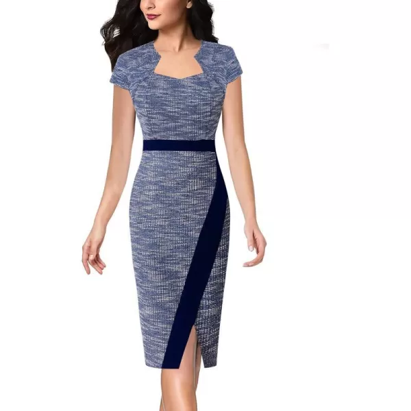 VFSHOW Womens Square Neck Patchwork Front Slit 2023 Work Business Office Bodycon Pencil DressBlue Tweed2