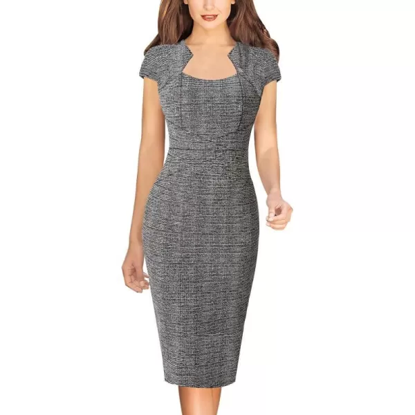 VFSHOW Womens Square Neck Tweed Work Office Business Party Slim Bodycon Pencil Sheath DressBlack Tweedcap Sleeve