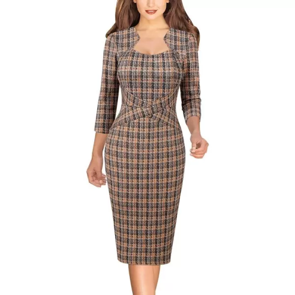 VFSHOW Womens Square Neck Tweed Work Office Business Party Slim Bodycon Pencil Sheath DressMulticolored Tweed34 Sleeves