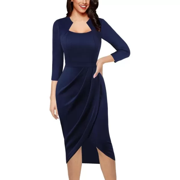 VFSHOW Womens Square Neck Work Ruched Front Slit Business Office Party Dress Church Bodycon Sheath Midi Pencil DressDark Blue  34 Sleeve