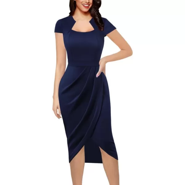 VFSHOW Womens Square Neck Work Ruched Front Slit Business Office Party Dress Church Bodycon Sheath Midi Pencil DressDark Blue