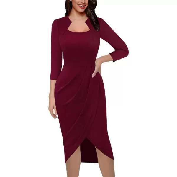 VFSHOW Womens Square Neck Work Ruched Front Slit Business Office Party Dress Church Bodycon Sheath Midi Pencil DressDark Red  34 Sleeve