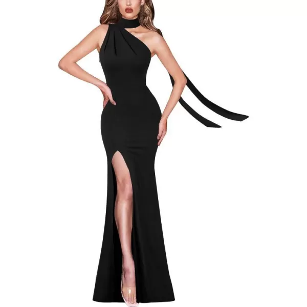 VFSHOW Womens Summer One Shoulder Halter Tie Neck Beach Party Maxi Dress Sexy Casual Ruched High Slit Plain DressBlack