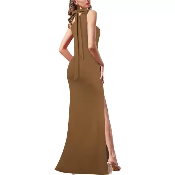 VFSHOW Womens Summer One Shoulder Halter Tie Neck Beach Party Maxi Dress Sexy Casual Ruched High Slit Plain DressBrown