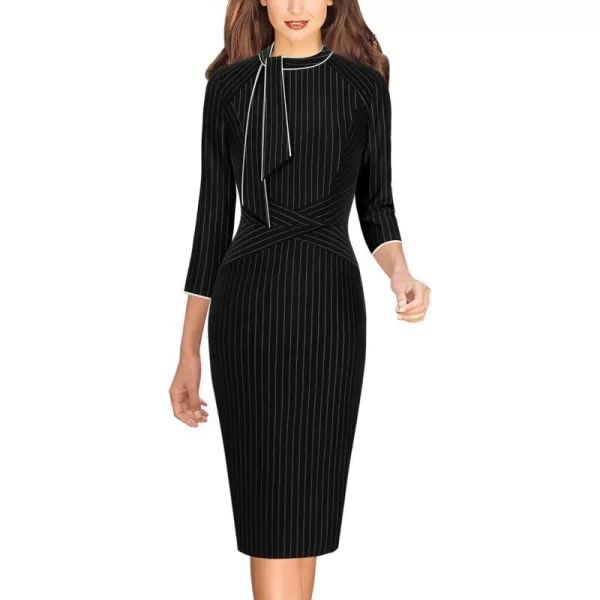 VFSHOW Womens Tie Neck Slim Work Office Business Cocktail Bodycon Pencil DressBlack Striped With White Piping