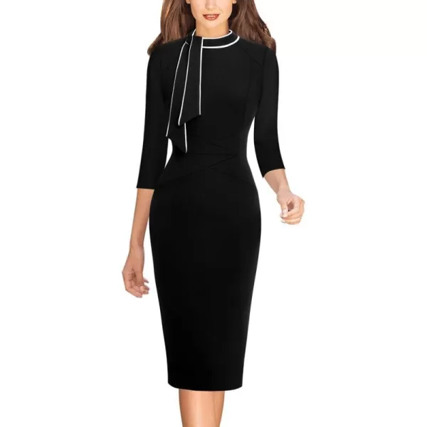 VFSHOW Womens Tie Neck Slim Work Office Business Cocktail Bodycon Pencil DressBlack With White Piping2