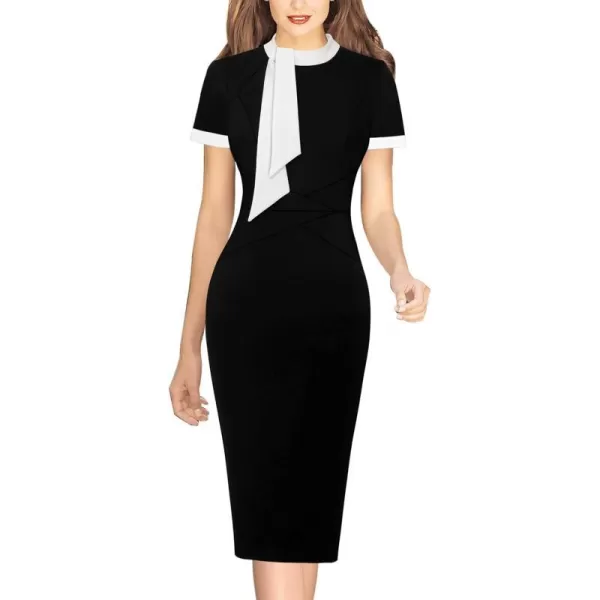 VFSHOW Womens Tie Neck Slim Work Office Business Cocktail Bodycon Pencil DressBlack With White Tie2