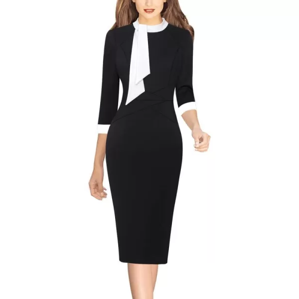 VFSHOW Womens Tie Neck Slim Work Office Business Cocktail Bodycon Pencil DressBlack With White Ties