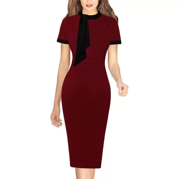 VFSHOW Womens Tie Neck Slim Work Office Business Cocktail Bodycon Pencil DressDark Red With Black Tie2