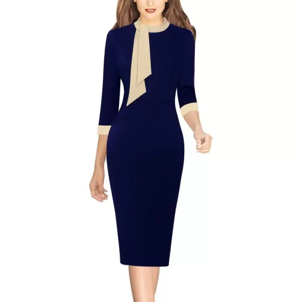 VFSHOW Womens Tie Neck Slim Work Office Business Cocktail Bodycon Pencil DressNavy Blue With Beige Ties