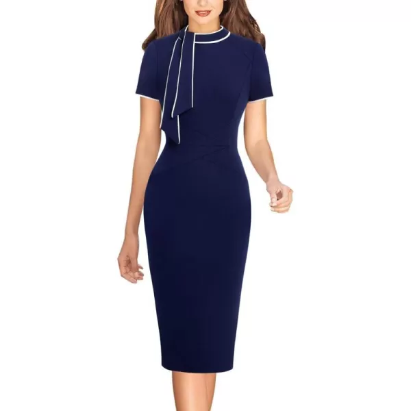 VFSHOW Womens Tie Neck Slim Work Office Business Cocktail Bodycon Pencil DressNavy Blue With White Piping