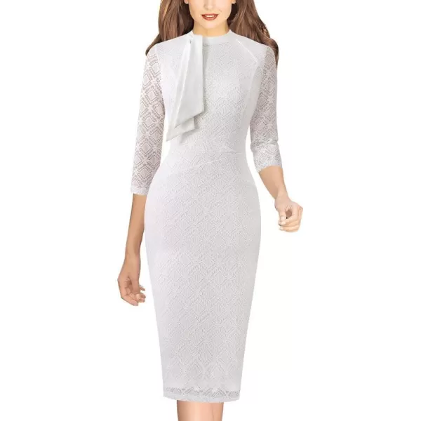 VFSHOW Womens Tie Neck Slim Work Office Business Cocktail Bodycon Pencil DressOff White Lace