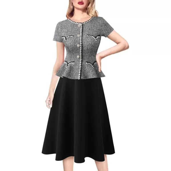 VFSHOW Womens Tweed Buttons Peplum Work Business Office Church Braided Trim Patchwork Fit and Flare ALine Midi DressBlack Tweed  Black