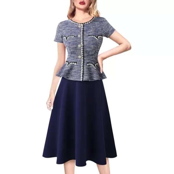 VFSHOW Womens Tweed Buttons Peplum Work Business Office Church Braided Trim Patchwork Fit and Flare ALine Midi DressBlue Tweed  Navy