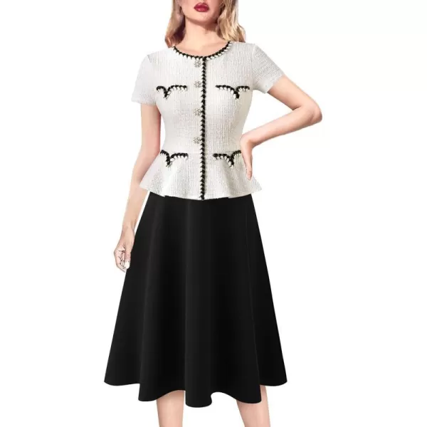 VFSHOW Womens Tweed Buttons Peplum Work Business Office Church Braided Trim Patchwork Fit and Flare ALine Midi DressWhite Tweed  Black