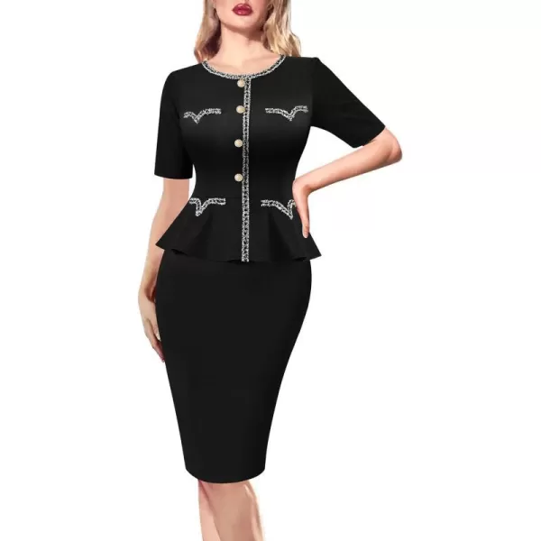 VFSHOW Womens Tweed Buttons Peplum Work Office Business Bodycon Crew Neck Braided Trim Patchwork Slim Career Pencil DressBlack Short Sleeve