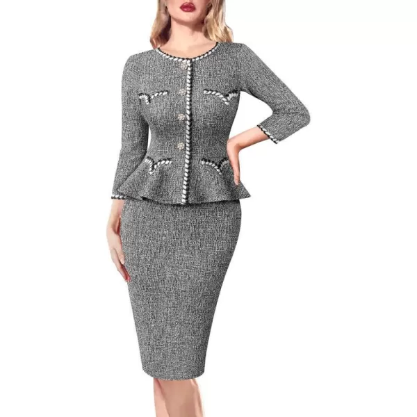 VFSHOW Womens Tweed Buttons Peplum Work Office Business Bodycon Crew Neck Braided Trim Patchwork Slim Career Pencil DressBlack Tweed