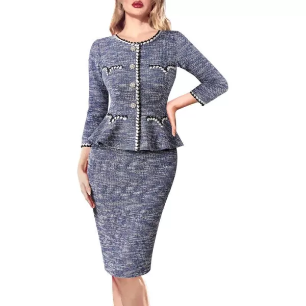 VFSHOW Womens Tweed Buttons Peplum Work Office Business Bodycon Crew Neck Braided Trim Patchwork Slim Career Pencil DressBlue Tweed