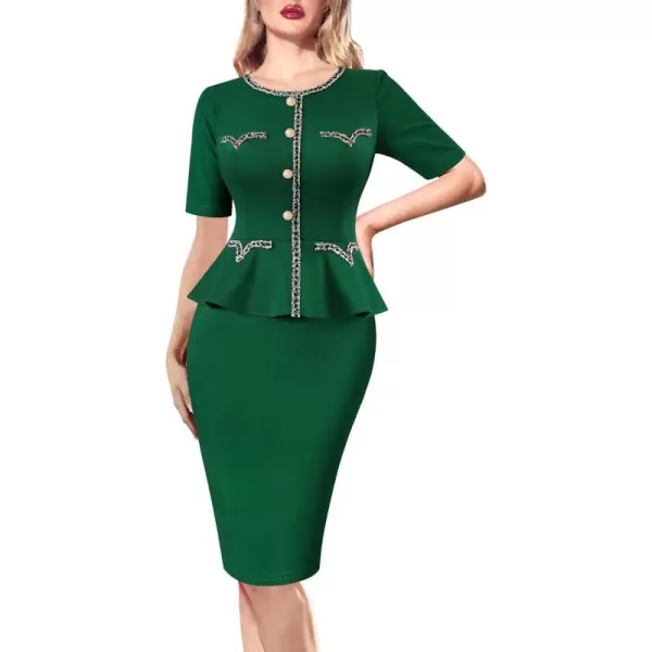 VFSHOW Womens Tweed Buttons Peplum Work Office Business Bodycon Crew Neck Braided Trim Patchwork Slim Career Pencil DressGreen Short Sleeve