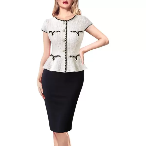 VFSHOW Womens Tweed Buttons Peplum Work Office Business Bodycon Crew Neck Braided Trim Patchwork Slim Career Pencil DressOff White Tweed  Black