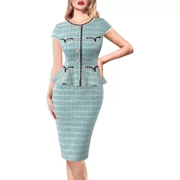 VFSHOW Womens Tweed Buttons Peplum Work Office Business Bodycon Crew Neck Braided Trim Patchwork Slim Career Pencil DressTeal Green Tweedcap Sleeve